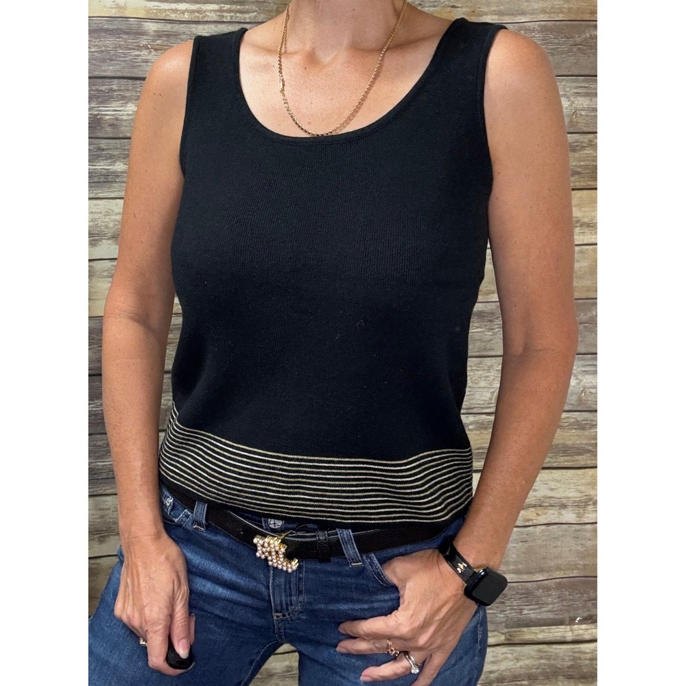 Sigrid Olsen Sport Black Knit Tank Top Metallic Gold Striped Hem S Small Office